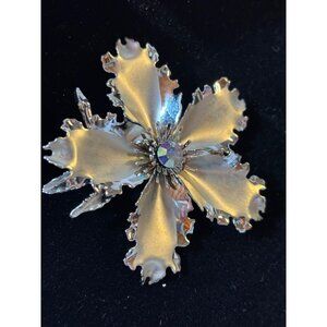Vintage Silver-Tone Flower Brooch With Aurora Borealis Center Stone
